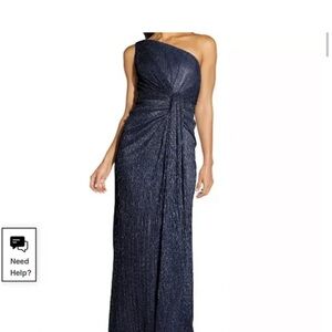 Adrianna Papell Stardust Navy One Shoulder Gown NWT